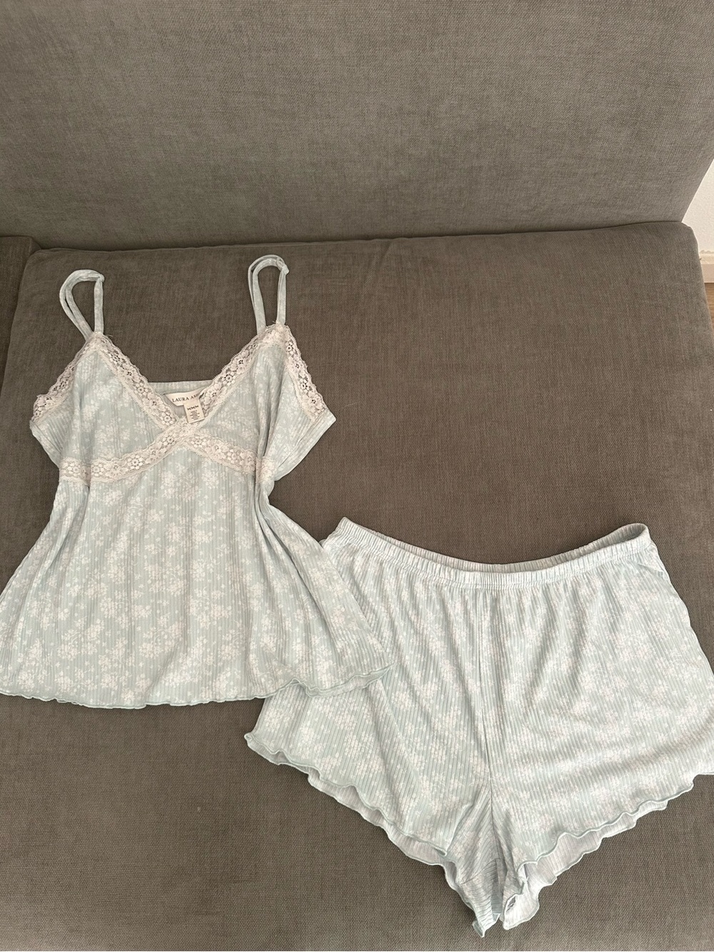 Laura Ashley Pale Blue Floral Lace-Trim Cami & Shorts Set